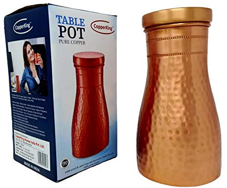 CopperKing Pure Copper Hammered Pitcher with Inbuilt Tumbler | Ayurvedic Solid Copper Water Bottle Drinking Jar with Glass | Best Use for Office, Bedroom, Dining Table Pot - 37oz / 1100 ML / 1.1 Liter