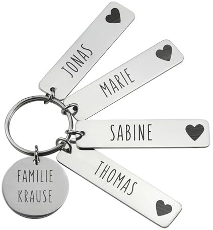LAUBLUST Schlüsselanhänger Personalisiert - Herz Motiv - Anhänger aus Edelstahl inkl. Geschenkbox | Geschenk Familie