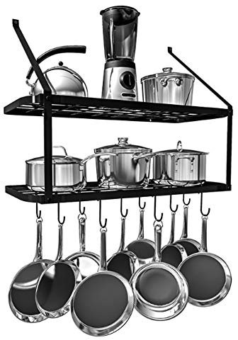 Warmiehomy Metal Pot Pan Rack, Wall Mounted Kitchen Shelf with Hooks, Hanging Utensils Holder, Black Shelving Organizer for Kitchen Bathroom Balcony Storage (74.9x34.8x58.9cm)