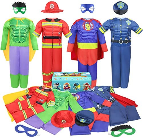 Teuevayl Boys Muscle Chest Dress up Costumes Trunk with Superhero, Policeman, Fireman Costume, Kids Pretend Role Play Costumes Set, Boys Dress up Clothes for Kids Ages 3 4 5 6 7
