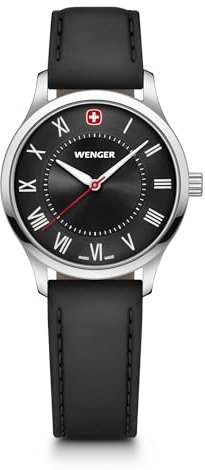 WENGER Damen Armbanduhr City Classic Ø 34 mm, Swiss Made, Analog Quarz, Wasserdicht bis 50 m, Kunstleder-Armband, Schwarz, 01.1421.123
