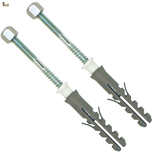 BricoLoco Vis de fixation WC sol inodore bidet sanitaire Inclut un essieu double filetage, un écrou aveugle, une cheville et un bouchon avec fonction rondelle. M-6 x 70 mm. (acier zingué, 2 jeux)