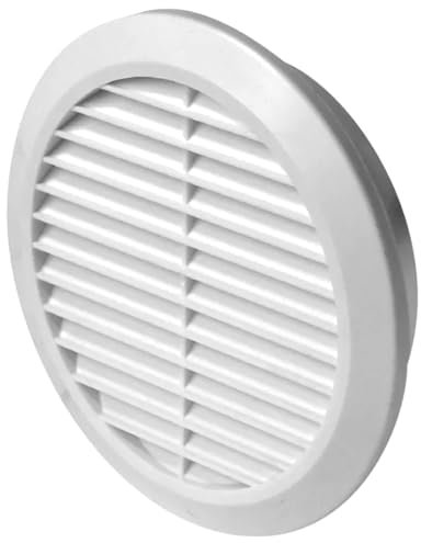 White Louvred Wall Vent Grille with Flyscreen for Ø 125 mm / 5 Round Wall Outlet - Air Ventilation Duct Cover with Anti-Insect Mesh and Rear Spigot, Tough and Durable ABS Plastic