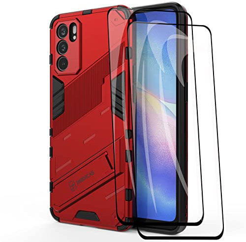 GOGME Coque pour Oppo Reno6 5G (Reno 6 5G) + 2 Verre Trempé, Étui 360°Antichoc Anti-Scratch PC Arrière + Intérieur en TPU Aux Chocs Protecteur + Parenthèse Pliable Housse. Rouge