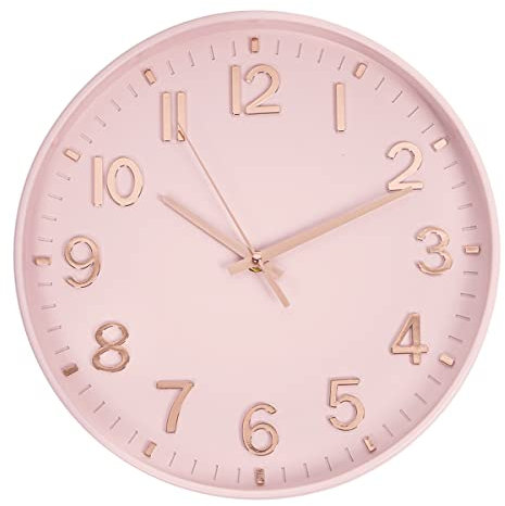 HZDHCLH Wall Clock 12 Inch Silent Non Ticking Clock for Living Room Bedroom Kitchen Office (Pink-Rose Gold)