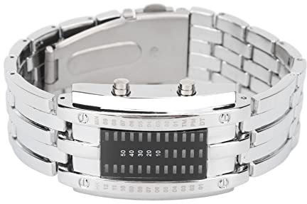 Binäre Matrix Blaue LED Digitaluhr, Klassisch und Kreativ, Mit Verschleißfester Glasoberfläche, Wasserdicht, Einfach Zu Tragen, Einzigartige Zeitmodusanzeige, Ideal Für Jeden Anlass (Silber1)