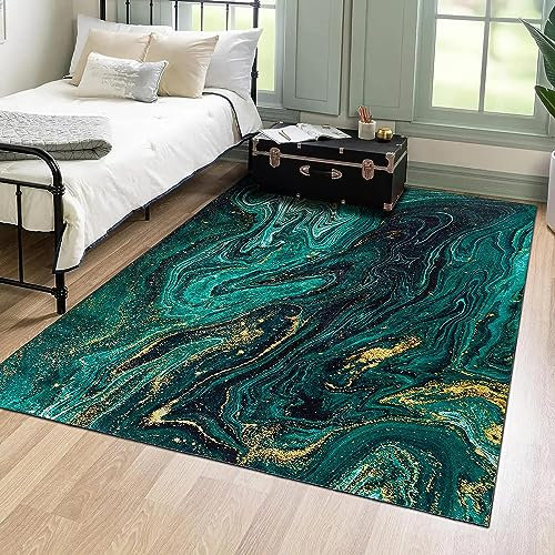 Mazovia Modern Teppich - Kurzflor Waschbar - Weich Teppich für Wohnzimmer, Schlafzimmer, Esszimmer – Teppiche Marmor Abstrakt Muster - Flaschengrün Grün 80 x 150 cm