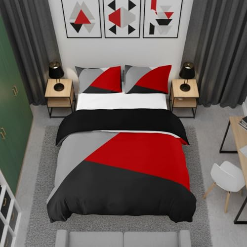 Homewish Red Black Gray Duvet Cover Set with 2 Pillowcases - Super King Size, 100% Soft & Breathable Polyester, Zip Closure - Patchwork Geometric Bedding - Modern Simple Pattern with Black Reverse