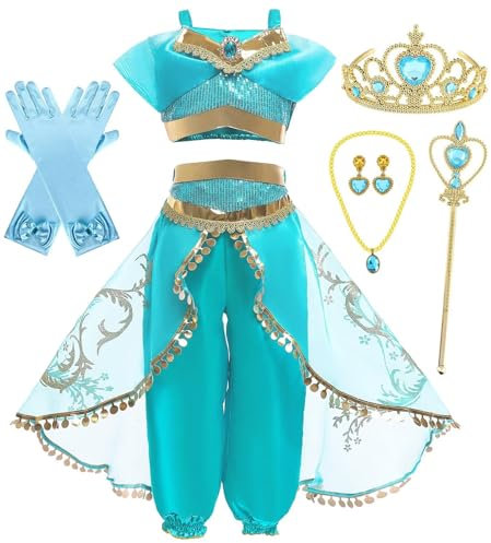 Cnexmin Deguisement Princesse Jasmine Fille Robe de Aladdin Princesse Jasmine pour Enfant Filles Costume Anniversaire Noël Halloween Partie Carnaval Cosplay Robe de Soirée pour Bijoux 3-4Ans/110