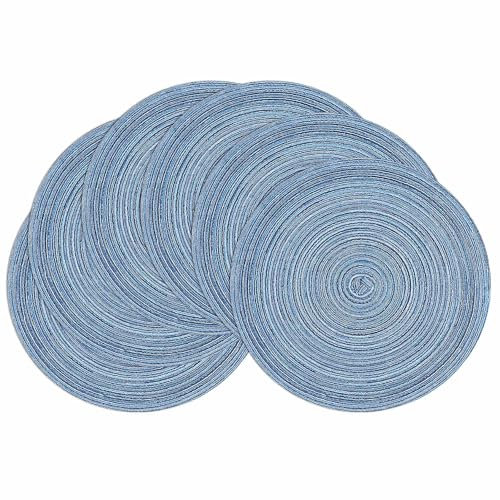 SHACOS 6er Set Tischsets Abwaschbar Rund, Platzsets Blau Geflochten, Schmutzabweisend, Hitzebeständig, Tischmatten, Platzdeckchen Abwaschbar, Blau