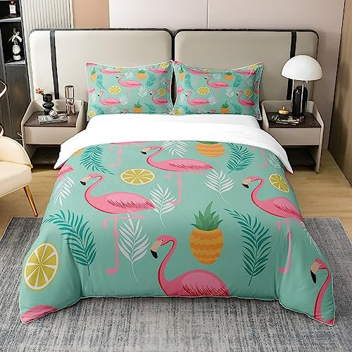 Rosa Flamingo 100% Baumwolle Bettbezug 135x200,Tropische Palmenblätter Tröster Abdeckung Grün Botanische Bettwäsche Set Zitrone Ananas Bettwäsche Sammlung Pflanzen Tier Thema Schlafzimmer Dekorativ