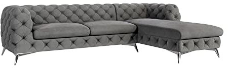 S-Style Möbel Maria Ecksofa 5 Sitzer Chesterfield Eckcouch Sofa Für Wohnzimmer Lounge Couch Mit Verchromten Füßen Möbel Freistehende Polster Sofas Couches Rechts Grau 305 x 200 x 73 cm