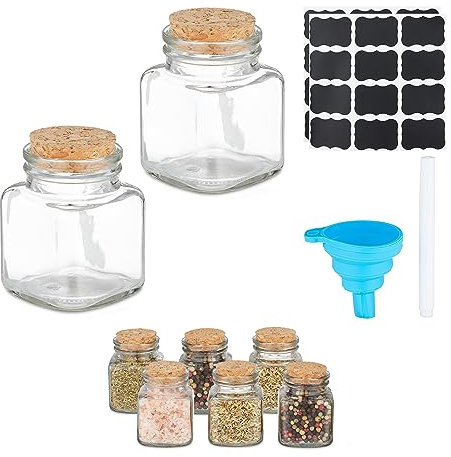 Relaxdays Gewürzgläser 8er Set, eckig, Gewürzdosen Glas & Kork, 100 ml, Etiketten, Stift & Trichter, transparent/Natur, Silikon