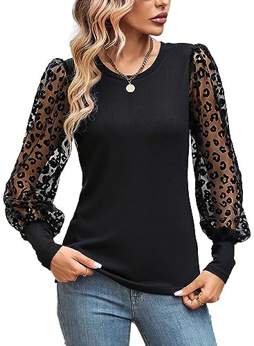 MeeQee Camicetta Donna Maniche Lunghe Girocollo Top Maniche in Pizzo Patchwork a Pois Tunica Bluse Casual Elegante Classico Autunno Inverno/M