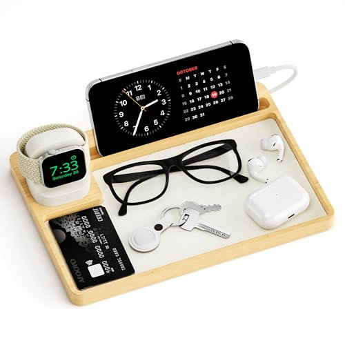 Valet Tray & Charger Stand - Nightstand Organizer, Desk Drawer Organizer Tray Compatible with All Apple Watch Series (1-10, Ultra, Ultra2, SE, SE2), for Jewelries, Watch, Key, Wallet, Phone,Bamboo