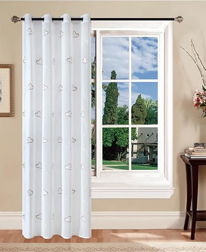 Tata Home Coppia Tendoni per Interni a Vetro Finestra Semitrasparenti Bianche Tende Camera Soggiorno Sala da Pranzo Fantasia Shabby Chic 140x290 cm con Cuori Bianchi