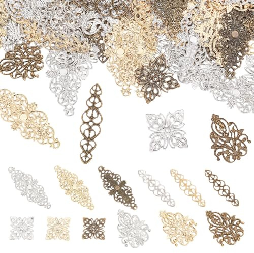 arricraft 120 Stück Antike Filigrane Verbindungsanhänger, 4 Stil Mehrfarbige Blumenblatt-Herz-Anhänger Aus Messing Und Eisen, Filigrane Metallverzierungen Für Die Herstellung