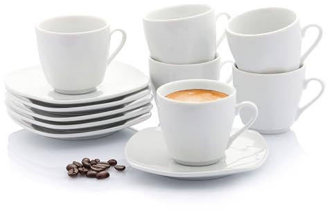 Sänger | Espressotassen Bilgola 12 tlg, Tassen Set 6 Personen aus Porzellan, Kaffeetassen mit Untertassen spülmaschinenfest, Mokka Tassen Set Tassen & Untertassen Weiß | 100 ml | PREMIUM COLLECTION