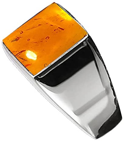 Solid 925 Sterling Silver Ring for Men, Natural Baltic Amber Square 12MM Gemstone Signet Ring, Unique Handcrafted Ring