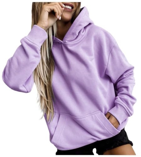 Sudadera corta para mujer, color lila, sudadera con capucha de gran tamaño para acampar, manga larga, senderismo, cuello en V, casual, color liso, sudadera holgada con capucha para uso diario, Morado