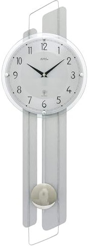 AMS Moderne Wanduhr mit Funkwerk, Funkuhr, batteriebetrieben Pendeluhr Silber Funkuhrwerk 66cm- 5330