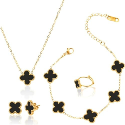 Vierblättriges Kleeblatt Schmuckset，Glücklich Set mit vier Blättern für Damen，18 Karat vergoldetes vierblättriges Kleeblatt,Halskette,Ohrringe,Armband,Ring，Hypoallergenes Emaille-Schmuckset(Schwarz）