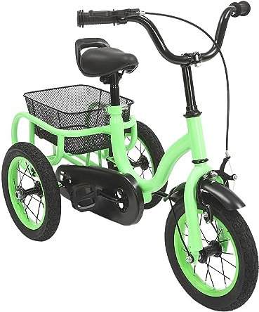 Fridgestea 12 Zoll Dreirad für Kinder ab 2-5 Jahre, 3 Räder Kinderfahrrad mit Korb, Bremsen für Jungen Mädchen, Leichtes Lauflernrad, Höhenverstellbar (Hellgrün)