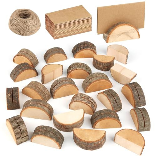 JIANGZHIB 24 Stück Rustikale Holz Tischkartenhalter Set, Kartenhalter mit 24 Kraft Papier, Halbzylindrisch Kartenständer Holz, Postkartenhalter für Tischnummern Hochzeit Geburtstag Fotos Memo