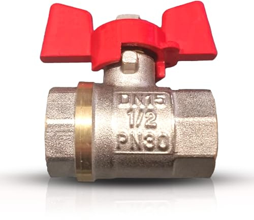 PipeSan Kugelhahn 1/2 DN15 PN16 – Messing vernickelt (CW617N) – Innengewinde BSP (G 1/2) – Volldurchfluss – roter Flügelgriff – Absperrventil für Wasser, Heizung & Sanitär | Kugelhahn 1/2 Zoll