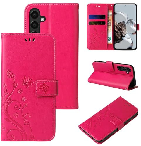 LBH Handy Hülle für Samsung Galaxy A16 / A16 5G Case Handytasche Schmetterling Blumen Flower Standfunktion Schutzhülle Magnet Rundum Schutz 360 Grad Flipcase Cover Pink