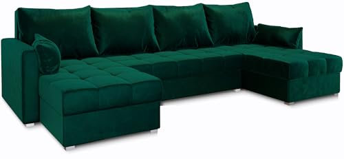 Masseno Ecksofa NAKO mit Schlaffunktion U-Form, Sofa mit Bettkasten, Wohnzimmersofa, Couch, Soffa, Bettsofa, Couchgarnitur- Grün, Kronos 19