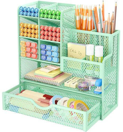 VITVITI Schreibtisch Organizer, 10 Fächer Stiftehalter mit Schublade, Netz Stifte Regal aus Metall, Stiftehalter Schreibtisch für Schule Heim Büro (Grün)