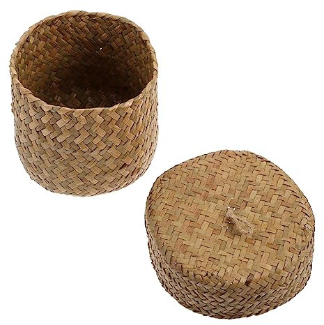 Cabilock Handmade Woven Flower Basket Mini Sea Grass Storage Basket Natural Color 13cm x 10.5cm Creative Wrapping Box for Home Decor and