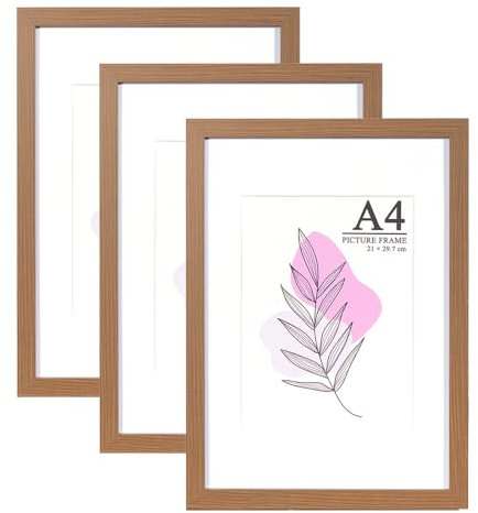 Baoee Brauner Bilderrahmen A4 mit Passepartout, 3er-Set, Fotorahmen mit Acrylglas, Posterrahmen, Urkundenrahmen, freistehend und zur Wandmontage