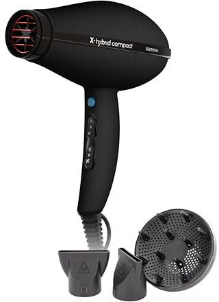 GAMMA+ Professioneller Haartrockner X-Hybrid Compact, Leichter & Kompakter Föhn mit Ionen-Technologie, Turmalinbeschichtetes Gitter, 1800–2100W (Schwarz)