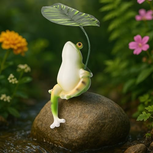 HENGBIRD Figura Decorativa Rana Jardín en Resina – Adorno Estanque Exterior, Accesorio Mini Estanque Terraza, Regalo para Pascua Día de la Madre Balcón Decorativo