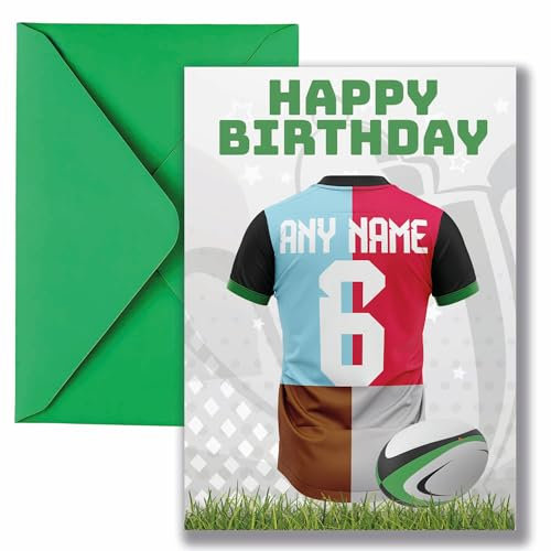 AK Giftshop Personalised Rugby Shirt Birthday Card, Harlequins Jersey Colours, A5 Size, with Green Envelope