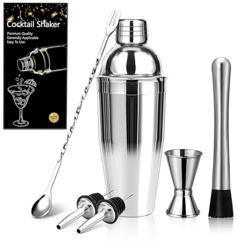 Lumanothy Shaker à Cocktail 6 pièces, Set de Cocktail en Acier Inoxydable 750 ML avec Cartes de Recettes et Accessoires, kit Barman pour Maison, Bar et fête