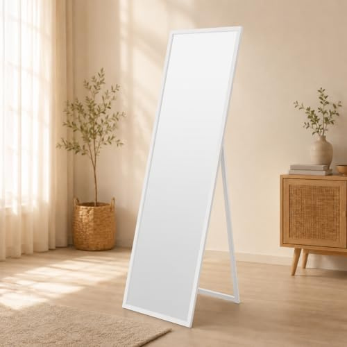 Clamaro Vision Miroir en Pied avec Verre Véritable, 170 x 60 cm, Blanc Mat | Cadre MDF 20 mm, Inclinaison Réglable, Pose Libre ou Fixation Murale, Pieds Antidérapants, Prémonté