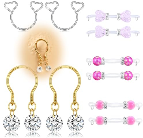 VFUN 10 Stück Handgefertigte Falsche Brustwarzenringe, Verstellbares Falsches Brustwarzenpiercing Für Frauen,Silikon Mit Herzanhängern, Romantische Falsche Brustwarzen-Barbells