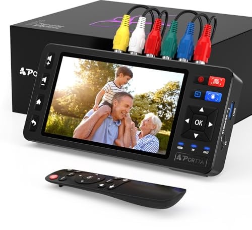 Portta VD22P VHS till digital-omvandlare med 5-tums HD-skärm, videoinspelningsinspelare, konverterar till MP4, kompatibel med VHS, Hi8, Mini DV (videobandspelare/VHS/DVD-spelare/videokamera krävs)