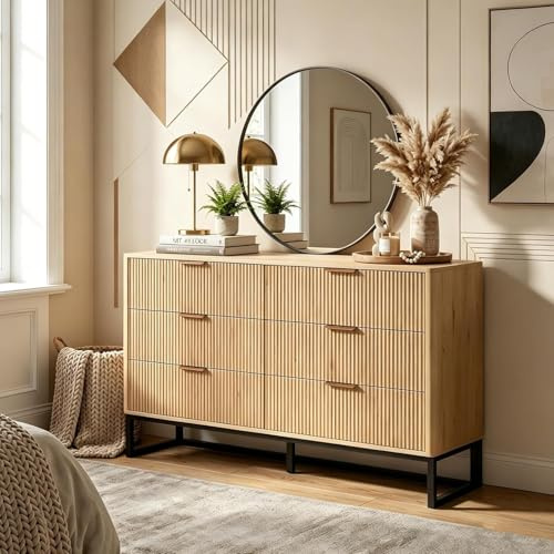 OOFAYJIA 137cm Kommode mit 6 Schubladen & Stabile Metallbeine,Natural | Holz Buffet Sideboard für Schlafzimmer, Wohnzimmer, Esszimmer, Flur