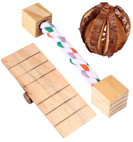 TOYZFRIENDY 3 Pcs Wooden Hamster Chew Toys Set with Barked Fruit Ball, Cotton Rope Block, and Seesaw for Small Pets, Natural Wood Chewing and Exercise Toys for Hamsters and Small Animals