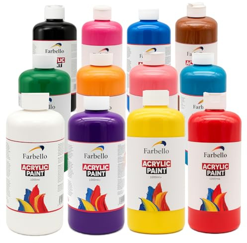 Acrylfarben Set 12 Farben je 1000ml – Wasserbasiert, wasserfest & hochpigmentiert –Profi Künstlerbedarf Acrylfarben Großpackung für Holz, Leinwand, Stoff, Stein. Pouring. Acrylfarben-Set (12 Farben)