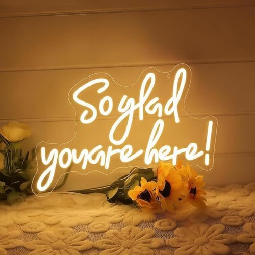 So Glad You Are Here Neon Schild, LED Warmweiß Neon Sign für Wand Deko, Dimmbare Neonlichter USB Power für Schlafzimmer Wohnzimmer Bar Pub Club Männ Höhle Home Hochzeit Geburtstag Party