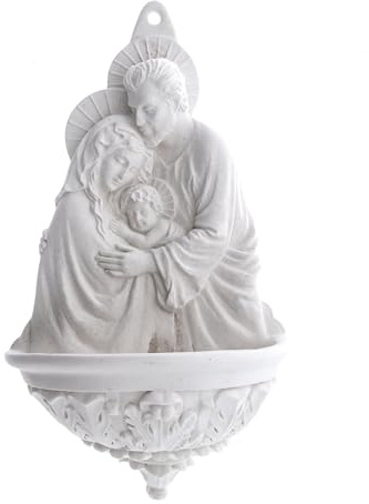 SHALOM - Acquasantiera Abbraccio Sacra Famiglia in Resina Bianca. Altezza 21 Cm
