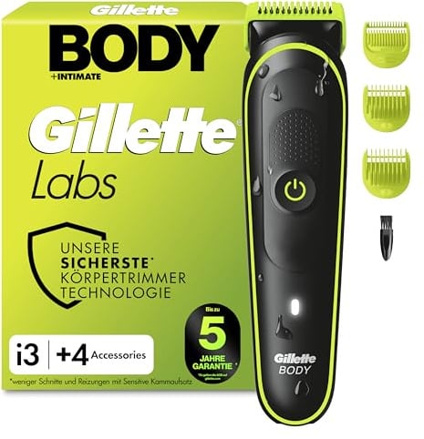 Gillette Labs Body + Intimate Tondeuse Homme i3, 4 Accessoires, Noire