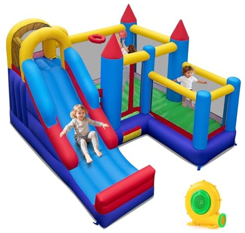 GOPLUS Hüpfburg mit Rutsche, Basketballkorb, & Kletterwand, aufblasbares Schloss mit 680W Gebläse, Tragetasche, Bouncy Castle, Kinderhüpfburg Hüpfschloss für Kinder von 3-12 Jahren, 340 x 335 x 233 cm