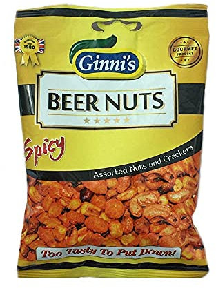 Ginni's Famous Spicy Beer Nuts - Pack of 10 - Spiced Cashews Chilli Toasted Corn Sesame Coated Peanuts Party Bar Snacks - Seasoned Flavoured Nut & Cracker Snacks