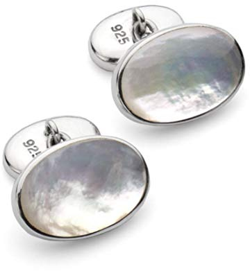 925 Sterling Silver Mother of Pearl Stone Classic Chain Link Oval Shaped Cufflinks, Cuff links